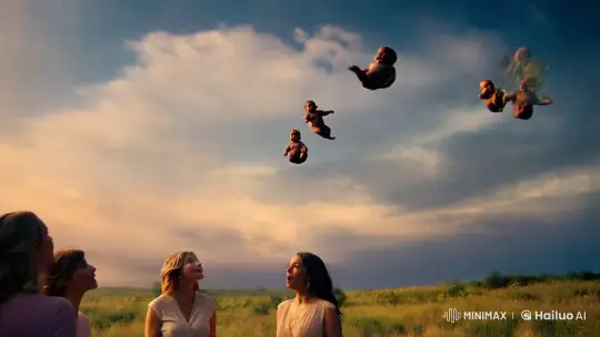 Babies Descend Gracefully, Kiss Women in Surreal Meadow – AI Generated Video | Hailuo AI