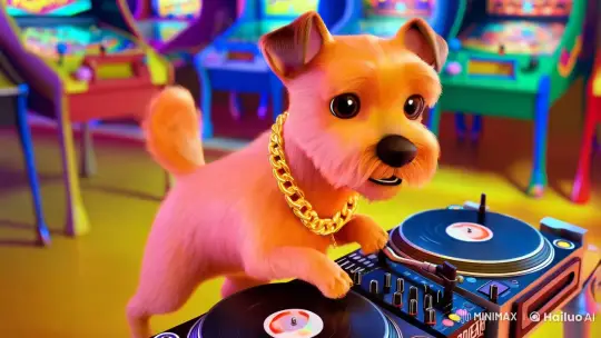 Animated Apricot Terrier DJs in Vintage Arcade Setting – AI Generated Video | Hailuo AI