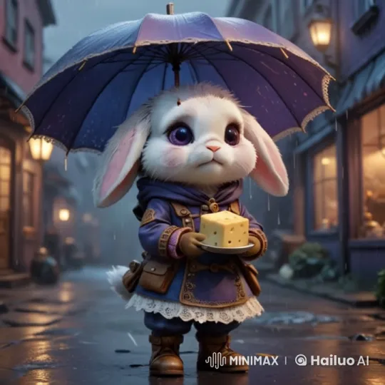 Chibi Bunny Awaits Love Under Purple Umbrella in Rainy Street – AI Generated Video | Hailuo AI
