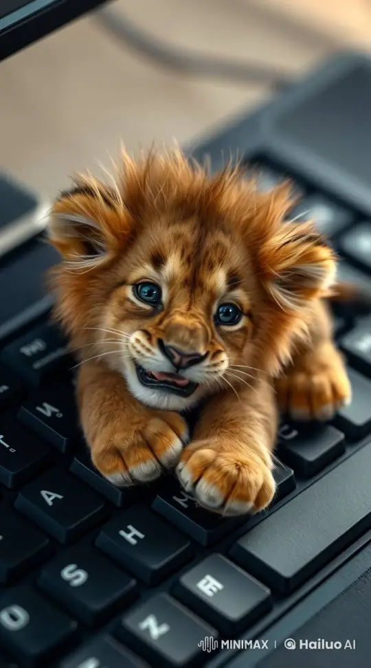 Animated Lion Cub Playfully Interacts with Keyboard – AI Generated Video | Hailuo AI