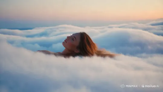 Serene Beauty: Woman on Clouds in Pastel Sky – AI Generated Video | Hailuo AI