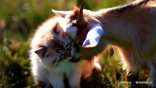 Fluffy Cat and Baby Goat: From Cuddle to Playful Sparring – AI Generated Video | Hailuo AI