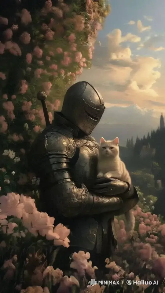 Knight in Shining Armor Cuddles Cat in Peaceful Meadow – AI Generated Video | Hailuo AI