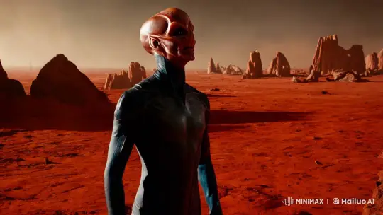 Alien Contemplates Approaching Asteroid on Martian Landscape – AI Generated Video | Hailuo AI