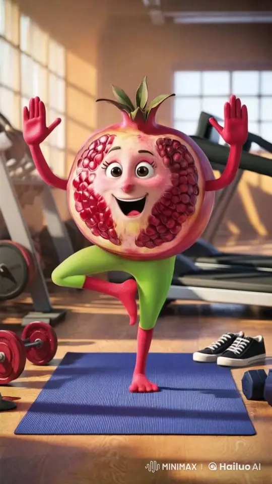 Energetic Pomegranate Character Practicing Yoga in Gym – AI Generated Video | Hailuo AI
