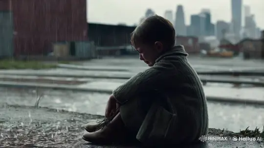 Lonely Child Amidst Rain and Industrial Landscape – AI Generated Video | Hailuo AI