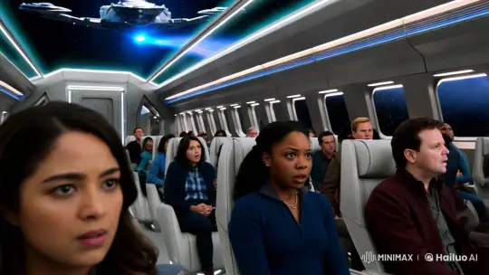 Futuristic Spaceship Interior with Tense Passengers – AI Generated Video | Hailuo AI