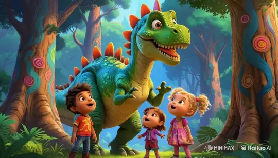 Children and Dinosaur Play in Enchanted Forest – AI Generated Video | Hailuo AI