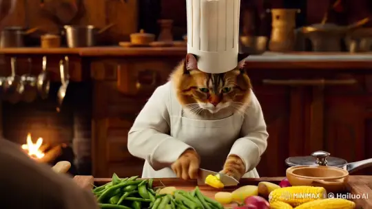 Feline Chef Preparing Fresh Ingredients in Rustic Kitchen – AI Generated Video | Hailuo AI