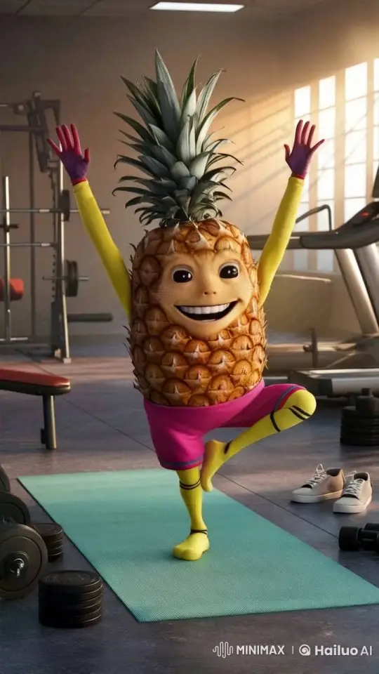 Pineapple Character Joyfully Jumping in Gym – AI Generated Video | Hailuo AI