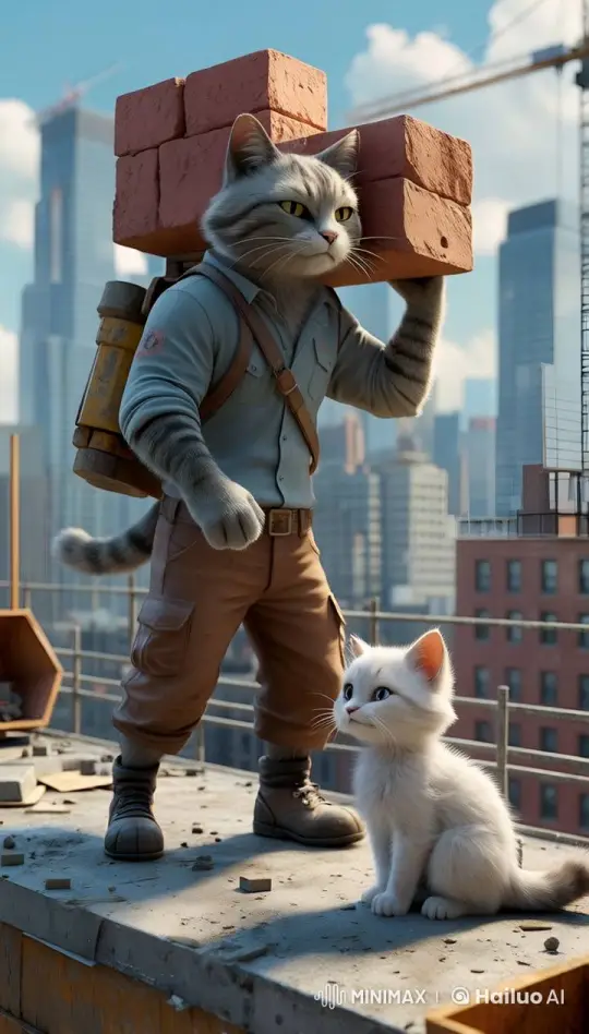 Cat Worker Balances Bricks on High-Rise with Curious Kitten – AI Generated Video | Hailuo AI