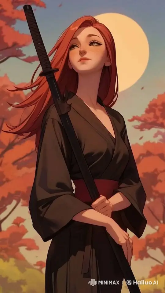 Woman in Kimono Stands Calmly with Katana Amidst Autumn Serenity – AI Generated Video | Hailuo AI