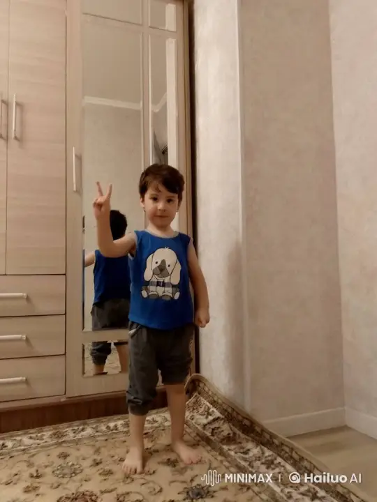 Child Making Peace Sign in Homely Room – AI Generated Video | Hailuo AI