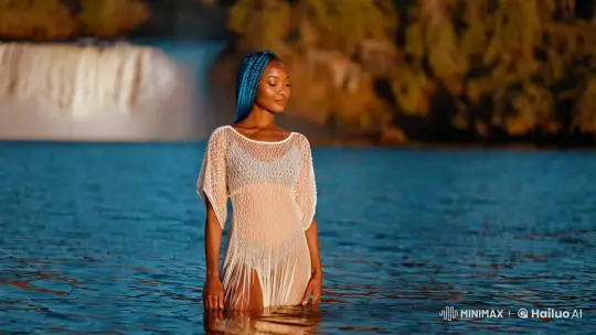 Fitness Model in Serene Lake with Waterfall Backdrop – AI Generated Video | Hailuo AI