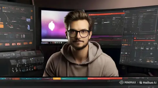 Tech-Savvy Workspace with Man at Monitors – AI Generated Video | Hailuo AI