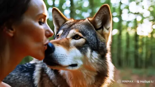 Woman and Wolf Share Intimate Moment in Serene Forest – AI Generated Video | Hailuo AI