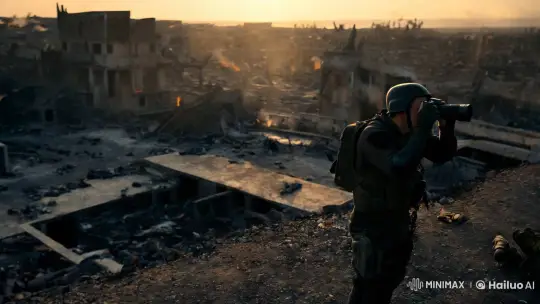 War Photographer Captures Chaos Amidst Desolation – AI Generated Video | Hailuo AI