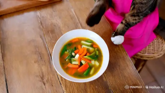 Cat Chef Proudly Serves Soup in Rustic Kitchen – AI Generated Video | Hailuo AI