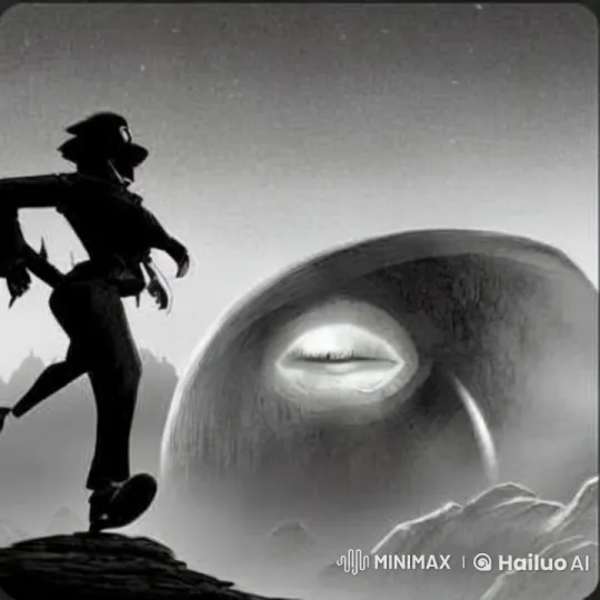 Silhouette Tiptoes Around Sleeping Dinosaur in Alien Landscape – AI Generated Video | Hailuo AI