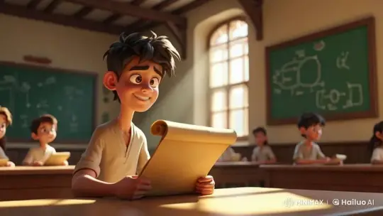 Boy Shares Excitement Over Parchment in Bright Classroom – AI Generated Video | Hailuo AI