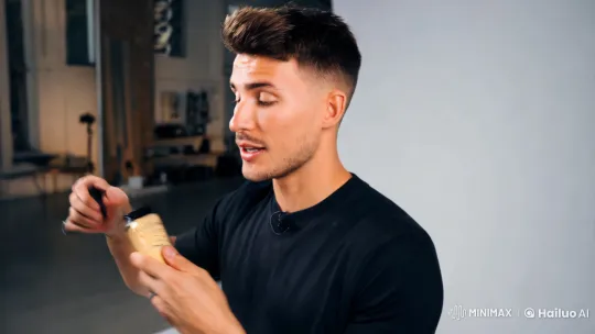 Confident Man Models Hair Product in Minimalist Urban Studio – AI Generated Video | Hailuo AI