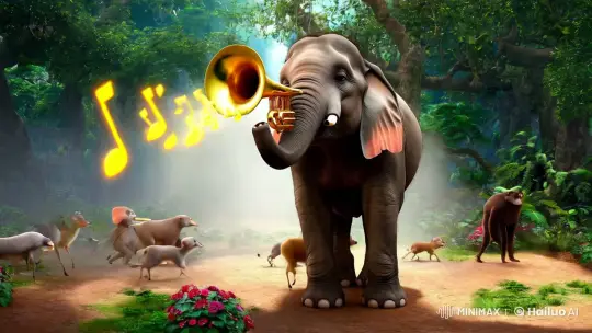 Elephant Plays Enchanted Trumpet in Lush Jungle – AI Generated Video | Hailuo AI