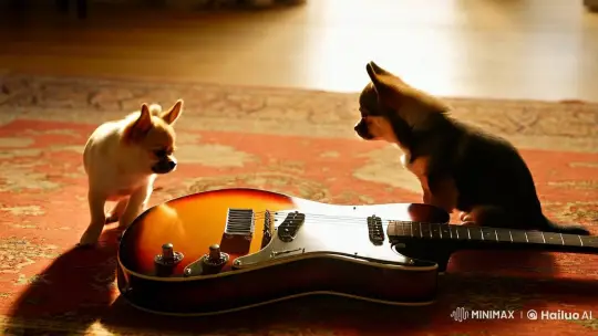 Chihuahuas Interact with Vintage Guitar on Persian Rug – AI Generated Video | Hailuo AI