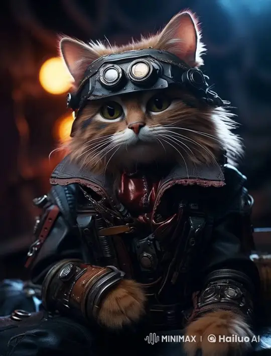 Steampunk Cat in Dynamic Leather-Metal Attire – AI Generated Video | Hailuo AI