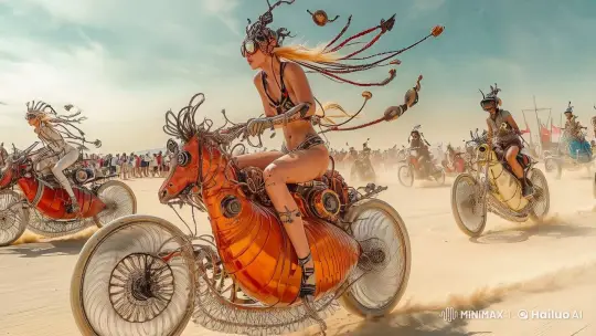 Burning Man Festival: High-Energy Motorcycle Race in Live2D – AI Generated Video | Hailuo AI