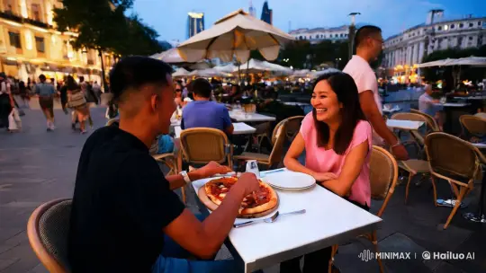 Two Friends Enjoying Pizza at Outdoor Cafe – AI Generated Video | Hailuo AI