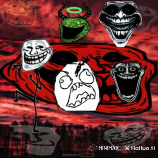 Troll Faces Converge on White Rage Face in Dark Scene – AI Generated Video | Hailuo AI