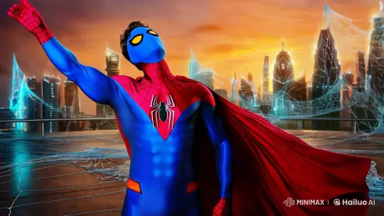 Superhero Fusion: Superman-Spider-Man in Futuristic Sunset – AI Generated Video | Hailuo AI