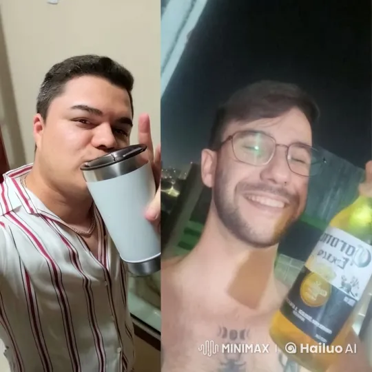Indoor and Outdoor Smiles: A Playful Kiss on a Tumbler and Beer Bottle – AI Generated Video | Hailuo AI
