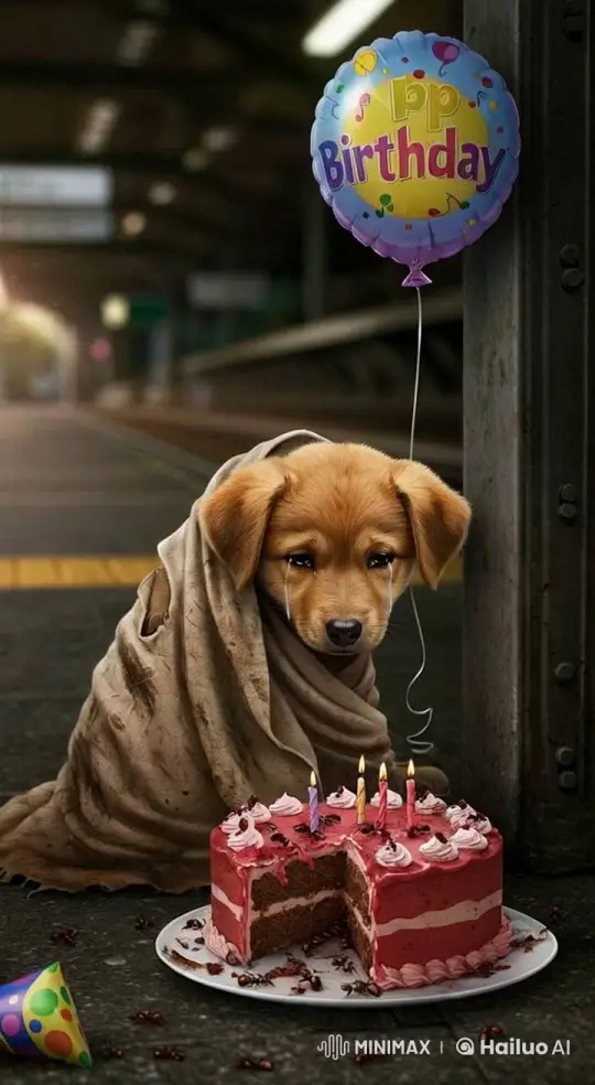 Sad Dog Cries by Abandoned Birthday Cake – AI Generated Video | Hailuo AI