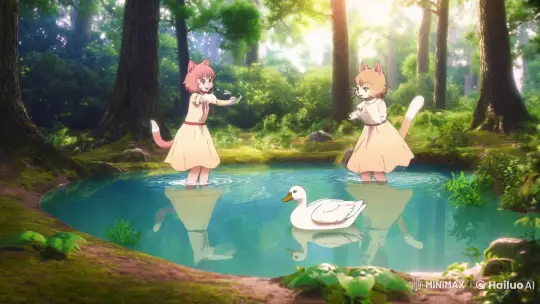 Catgirls Joyfully Bathe in Lush Forest Pond – AI Generated Video | Hailuo AI