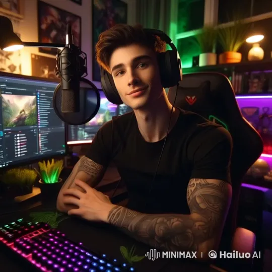 Tattooed Gamer Live Streams in Cozy, Colorful Room – AI Generated Video | Hailuo AI