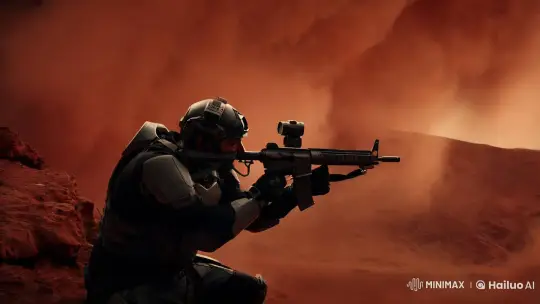 Futuristic Sniper Engages Targets in Martian Sandstorm – AI Generated Video | Hailuo AI