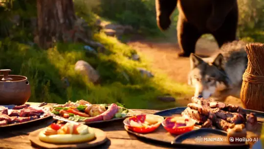 Woodland Creatures Share Peaceful BBQ in Sunlit Clearing – AI Generated Video | Hailuo AI