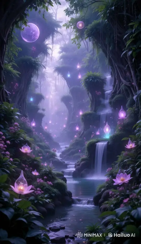 Enchanted Forest Twilight with Luminous Orbs and Waterfalls – AI Generated Video | Hailuo AI