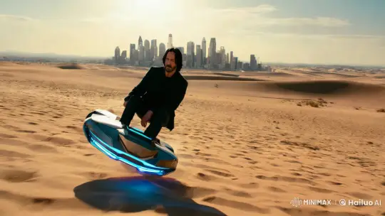 Keanu Reeves on Hoverboard in Futuristic Desert Scene – AI Generated Video | Hailuo AI