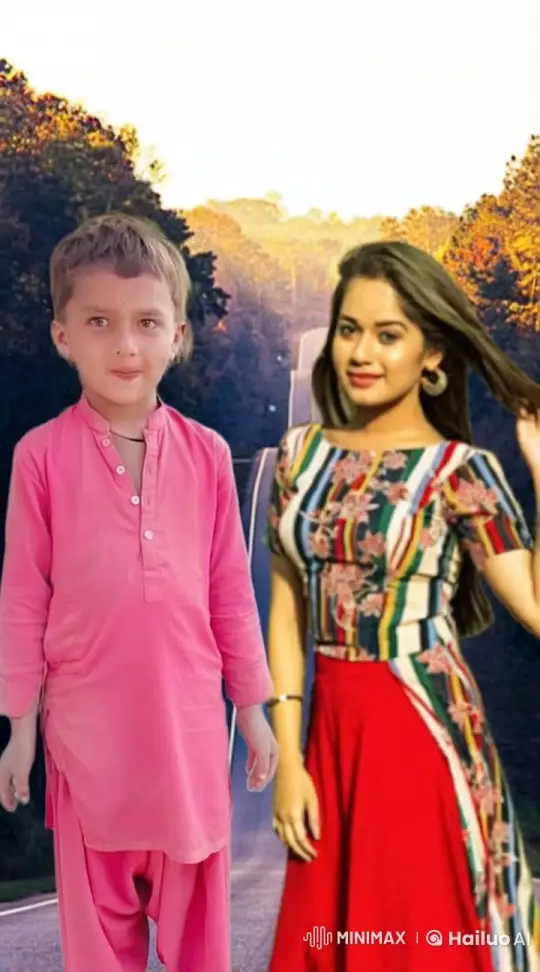 Golden Sunset: Boy and Woman in Colorful Attire Amidst Serene Road – AI Generated Video | Hailuo AI