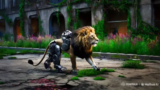 Cybernetic Lion Roams Post-Apocalyptic Urban Jungle – AI Generated Video | Hailuo AI