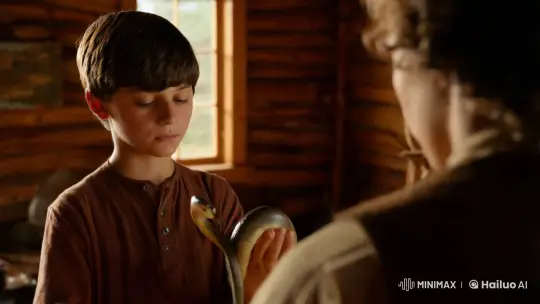 Boy Bonds with Snake in Rustic Cabin's Warm Light – AI Generated Video | Hailuo AI