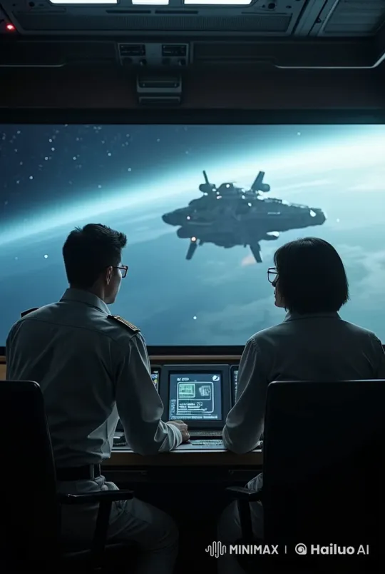 Captain Monitors Approaching Spaceship in Futuristic Control Room – AI Generated Video | Hailuo AI