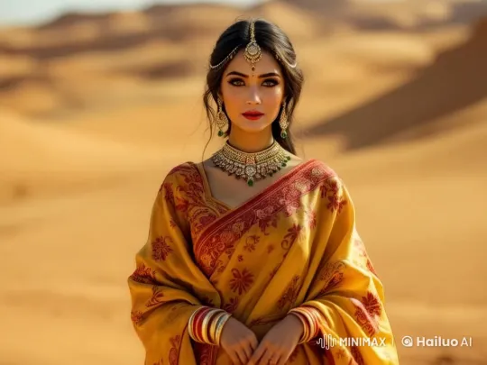 Elegant Woman in Traditional Attire in Desert Landscape – AI Generated Video | Hailuo AI