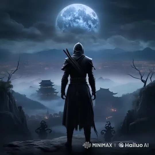 Medieval Figure Contemplates Moon Over Mystical Pagoda Landscape – AI Generated Video | Hailuo AI