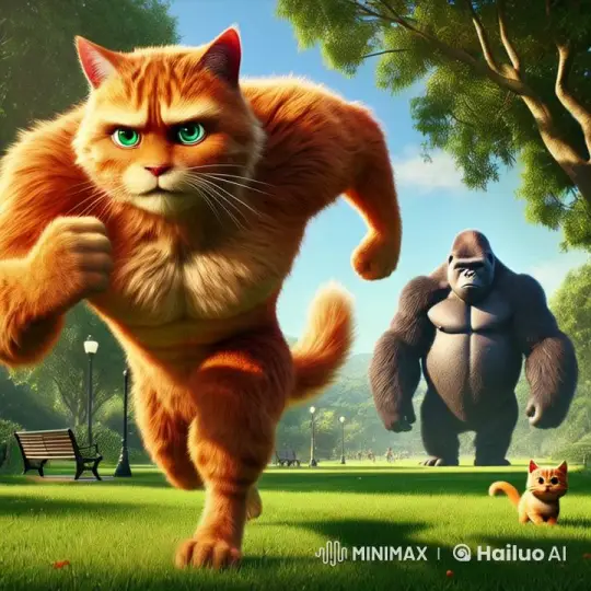 Muscular Ginger Cat Dad Protects Kitten from Kingkong – AI Generated Video | Hailuo AI