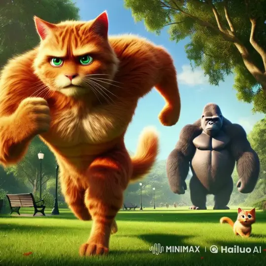 Muscular Ginger Cat Dad Rescues Kitten from Kingkong in Park – AI Generated Video | Hailuo AI