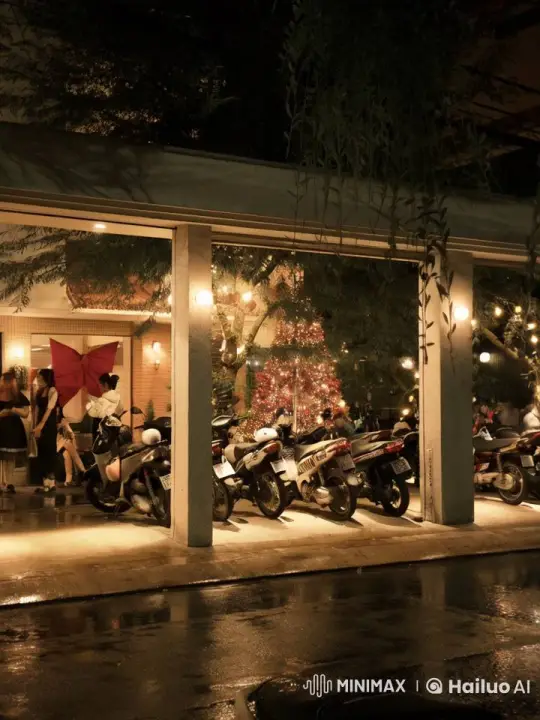 Festive Night Gathering with Motorcycles and Christmas Tree – AI Generated Video | Hailuo AI