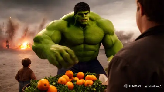 Hulk Sells Oranges Amidst Chaotic Battle – AI Generated Video | Hailuo AI